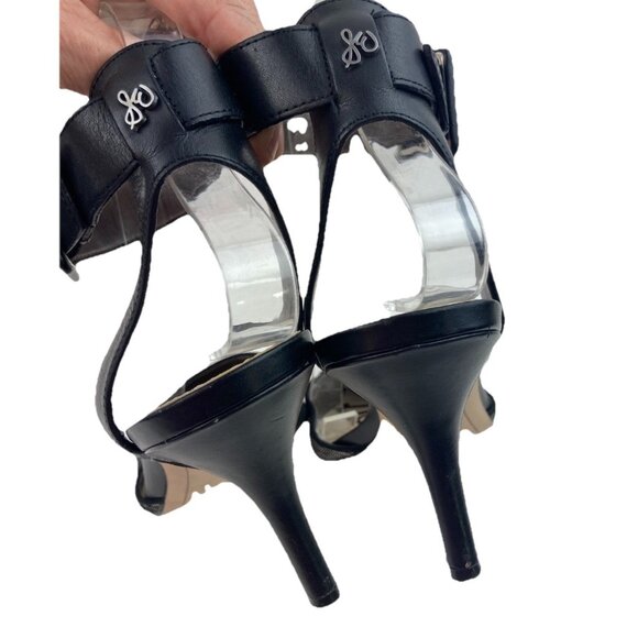 *Sam Edelman Okala Ankle Strap Heel Womens Size 8.5 Black Leather Gold Textured - Picture 4 of 12